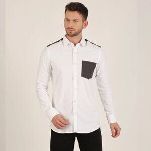 Morgan.M White Solid with Charcoal Grey Shoulder Details Long Sleeve Button Up